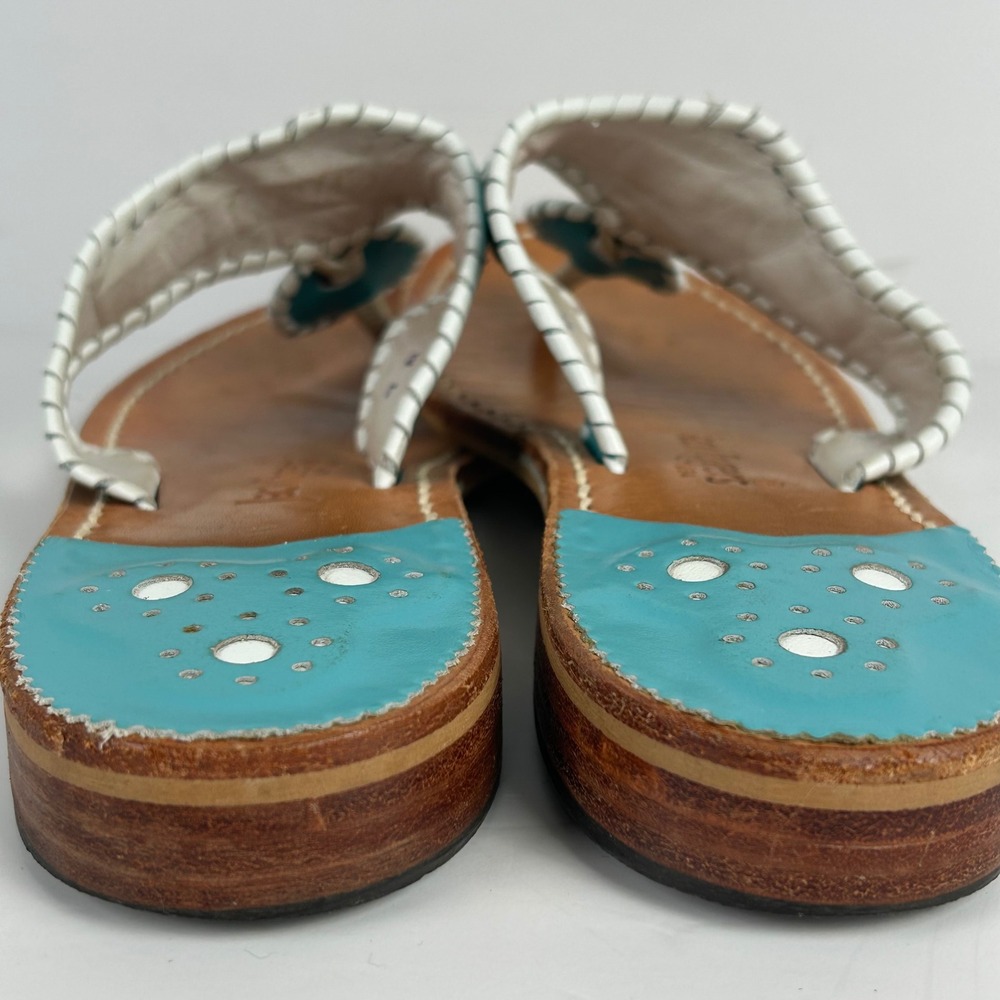 Jack Rogers Original Jack Flat Sandals Turquoise Leather Whipstitch Rondelle 9 M - Picture 6 of 7